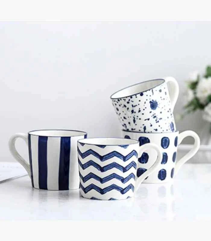 Ceramic Cups & Jug Ink Hand-painted White & Blue -  - #tag1#
