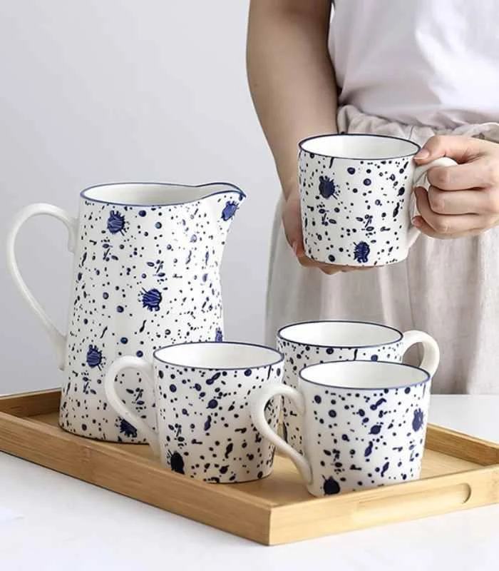 Ceramic Cups & Jug Ink Hand-painted White & Blue -  - #tag1#
