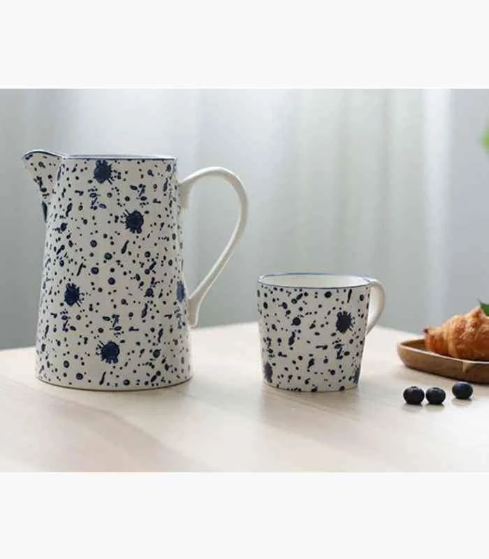 Ceramic Cups & Jug Ink Hand-painted White & Blue -  - #tag1#