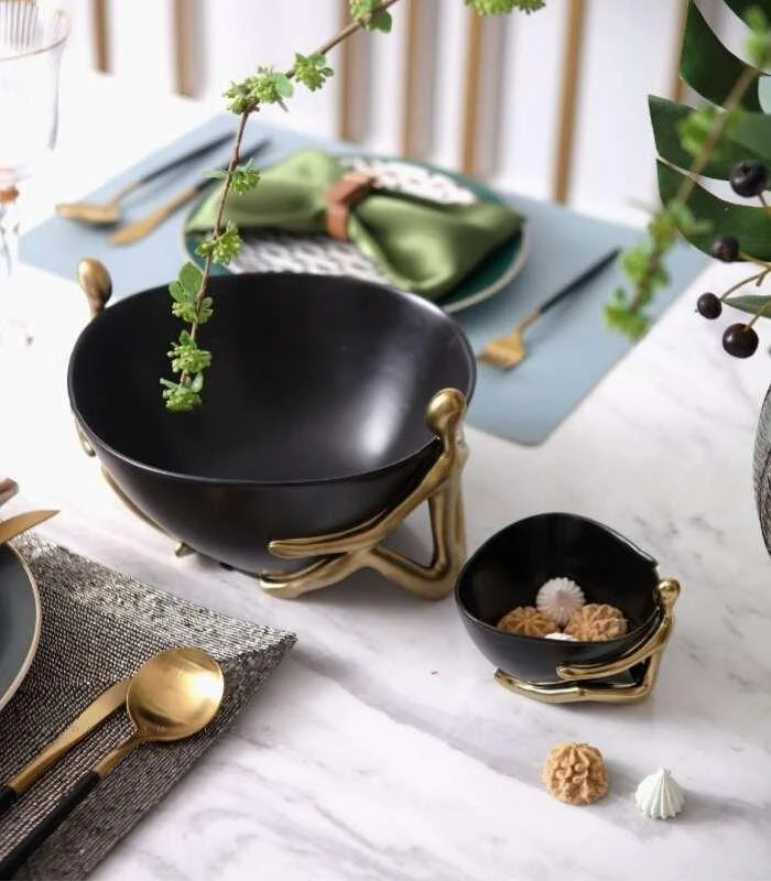 Ceramic Decorative Accent Bowl with Gold Human Abstract Figures Black -  - #tag1#