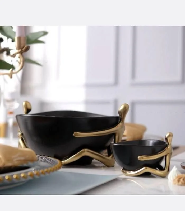Ceramic Decorative Accent Bowl with Gold Human Abstract Figures Black -  - #tag1#