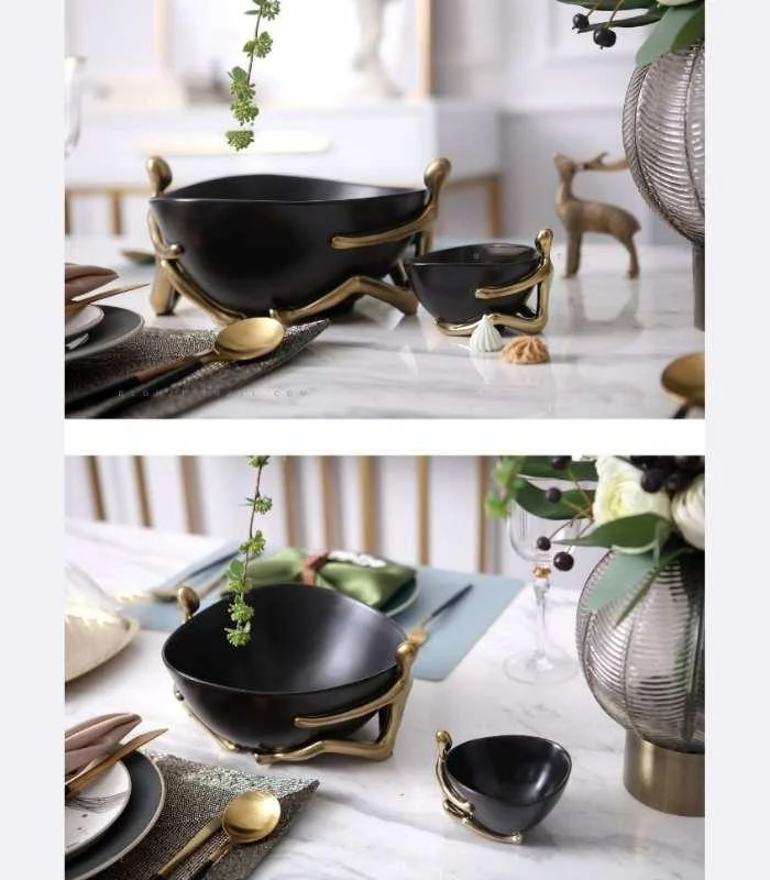Ceramic Decorative Accent Bowl with Gold Human Abstract Figures Black -  - #tag1#