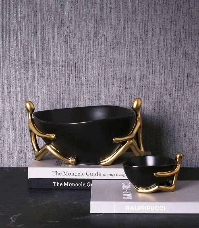 Ceramic Decorative Accent Bowl with Gold Human Abstract Figures Black -  - #tag1#