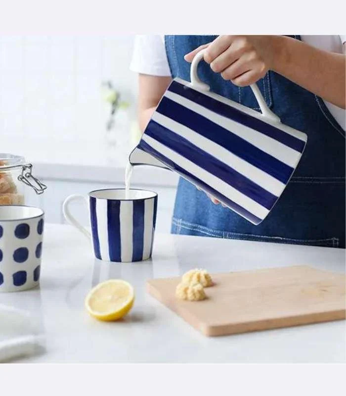Ceramic Pitcher Hand-Painted White & Blue Large 1.5L -  - #tag1#