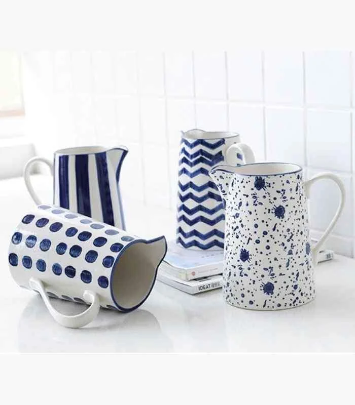 Ceramic Pitcher Hand-Painted White & Blue Large 1.5L -  - #tag1#