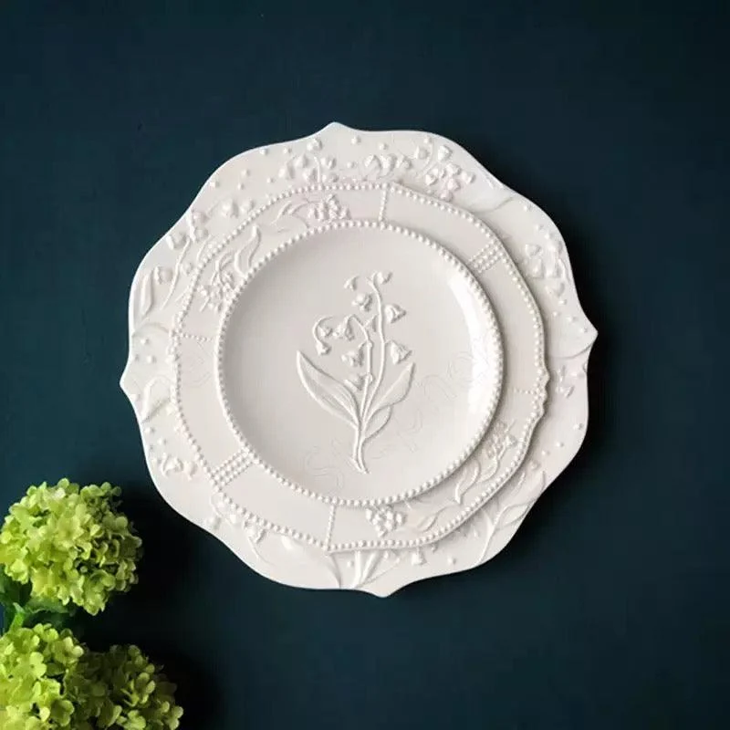 Ceramic Plate Lily of the Valley Embossed Flower Dinner Tableware -  - #tag1#