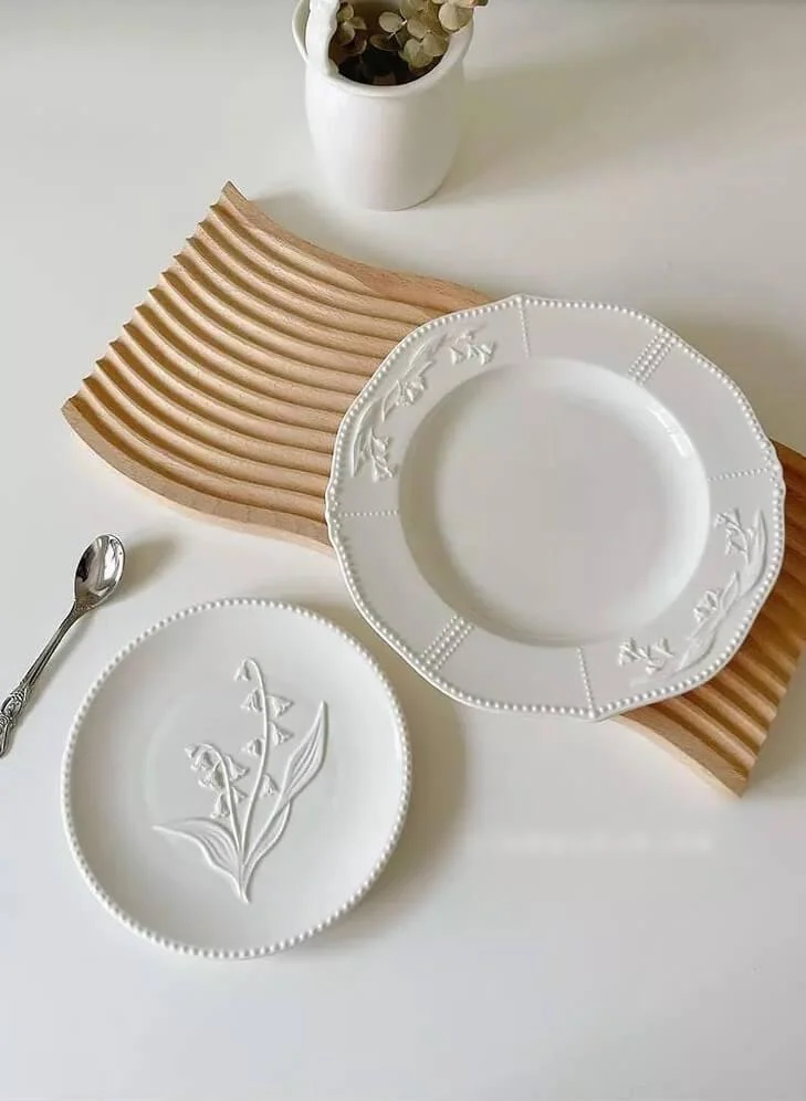 Ceramic Plate Lily of the Valley Embossed Flower Dinner Tableware -  - #tag1#