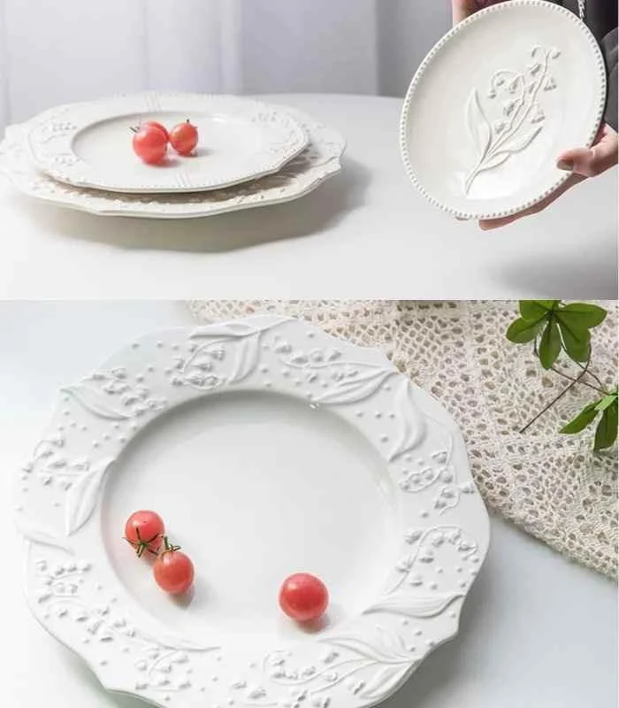Ceramic Plate Lily of the Valley Embossed Flower Dinner Tableware -  - #tag1#