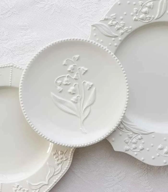 Ceramic Plate Lily of the Valley Embossed Flower Dinner Tableware -  - #tag1#
