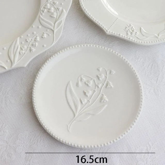 Ceramic Plate Lily of the Valley Embossed Flower Dinner Tableware -  - #tag1#