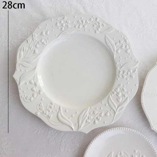 Ceramic Plate Lily of the Valley Embossed Flower Dinner Tableware -  - #tag1#