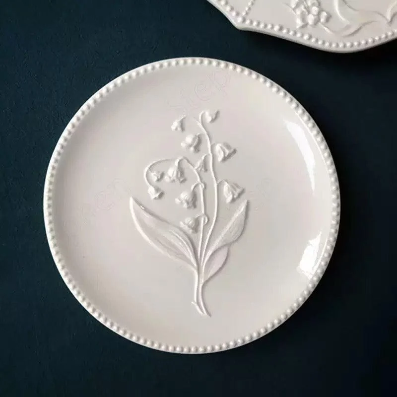 Ceramic Plate Lily of the Valley Embossed Flower Dinner Tableware -  - #tag1#