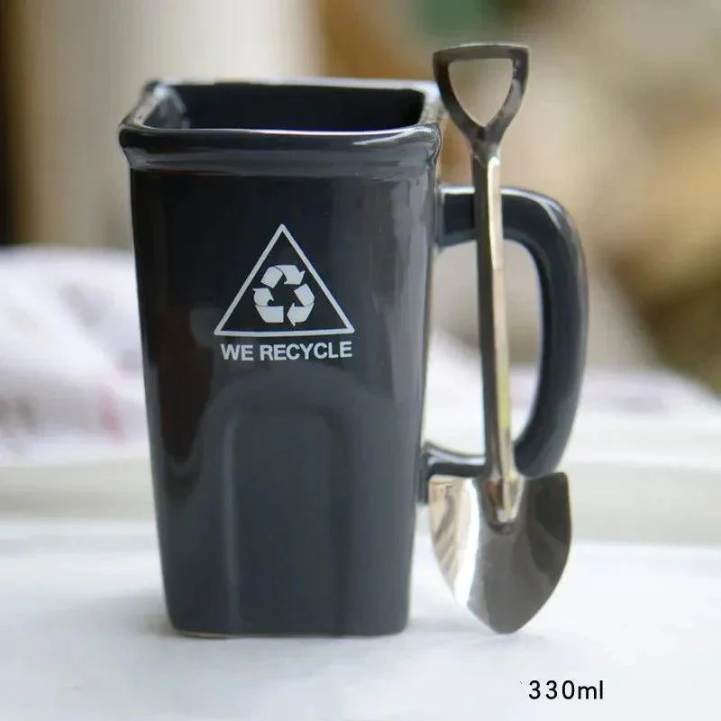 Ceramic Rubbish Bin Shape Mug With Shovel Spoon -  - #tag1#