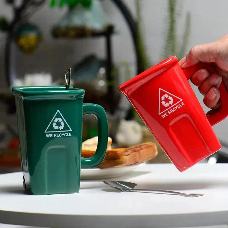 Ceramic Rubbish Bin Shape Mug With Shovel Spoon -  - #tag1#