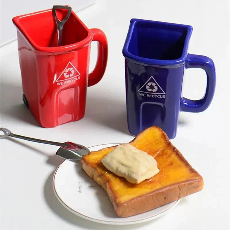 Ceramic Rubbish Bin Shape Mug With Shovel Spoon -  - #tag1#