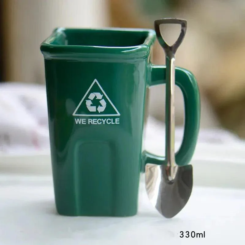 Ceramic Rubbish Bin Shape Mug With Shovel Spoon -  - #tag1#
