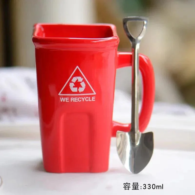 Ceramic Rubbish Bin Shape Mug With Shovel Spoon -  - #tag1#