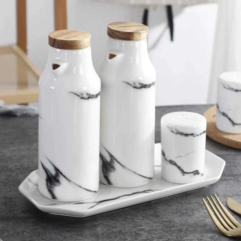 Ceramic Salt, Pepper, Oil & Vinegar 5-Piece Set -