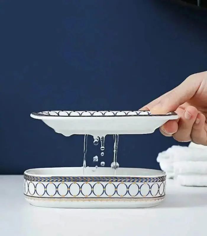 Ceramic Soap Dish With Drain Blue and White -  - #tag1#
