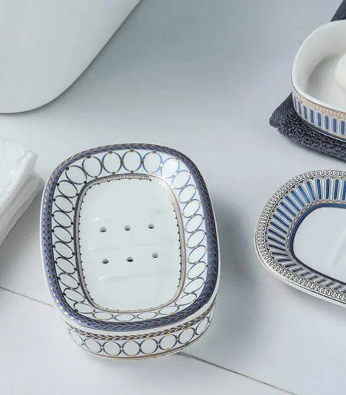 Ceramic Soap Dish With Drain Blue and White -  - #tag1#