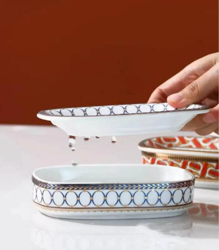 Ceramic Soap Dish With Drain Blue and White -  - #tag1#