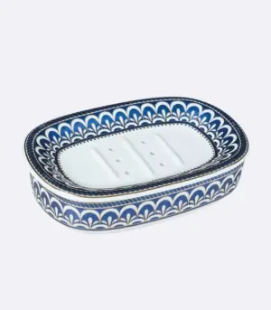 Ceramic Soap Dish With Drain Blue and White 13.8 cm