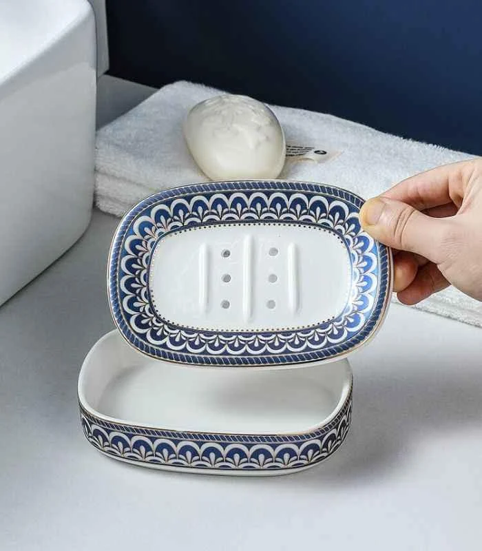 Ceramic Soap Dish With Drain Blue and White 13.8 cm -  - #tag1#