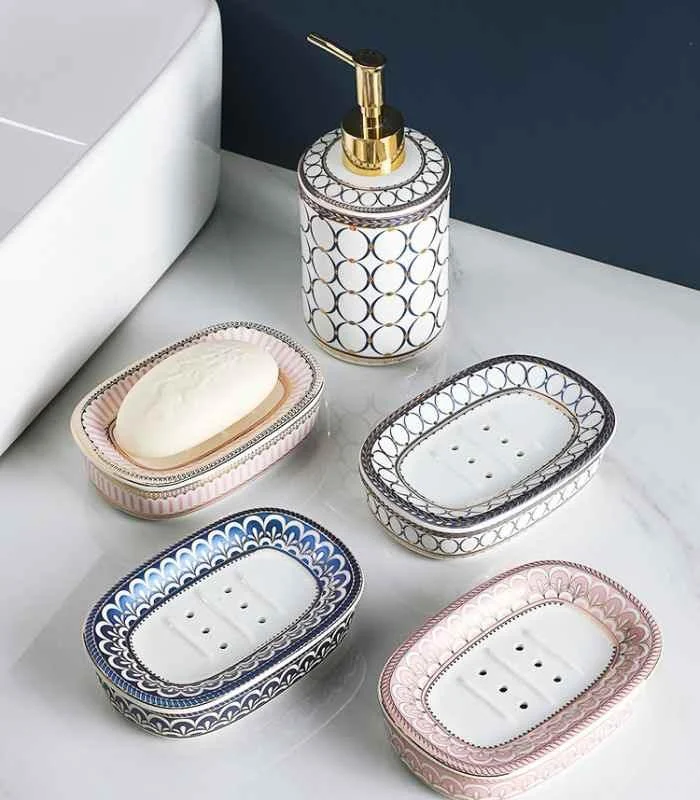 Ceramic Soap Dish With Drain Blue and White 13.8 cm -  - #tag1#