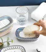 Ceramic Soap Dish With Drain Blue and White 13.8 cm tag1