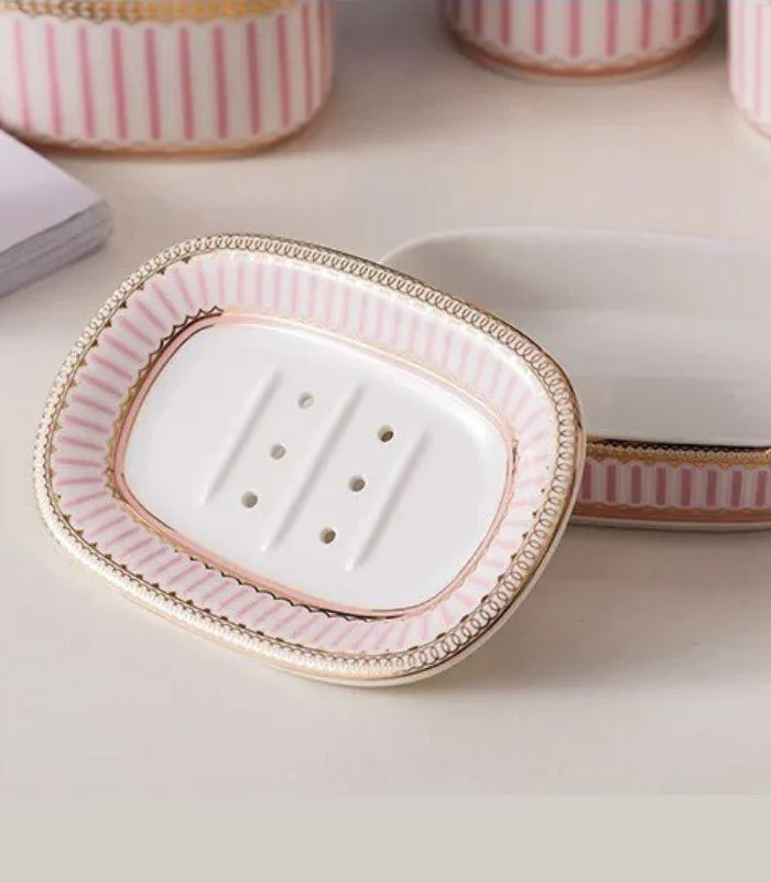 Ceramic Soap Dish With Drain Pink and White 13.8 cm -  - #tag1#