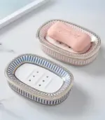 Ceramic Soap Dish With Drain Pink and White 13.8 cm tag1