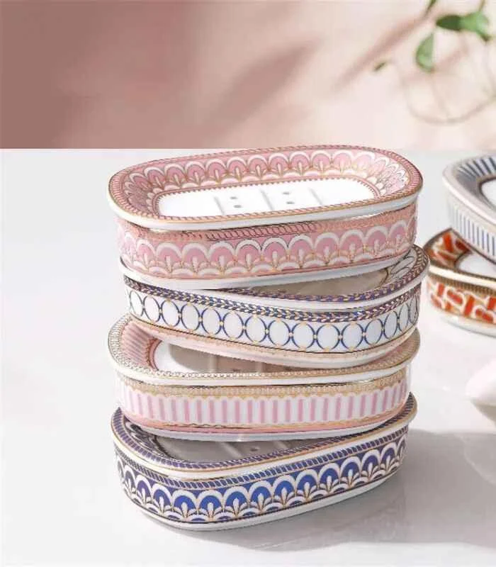 Ceramic Soap Dish With Drain Pink and White 13.8 cm -  - #tag1#