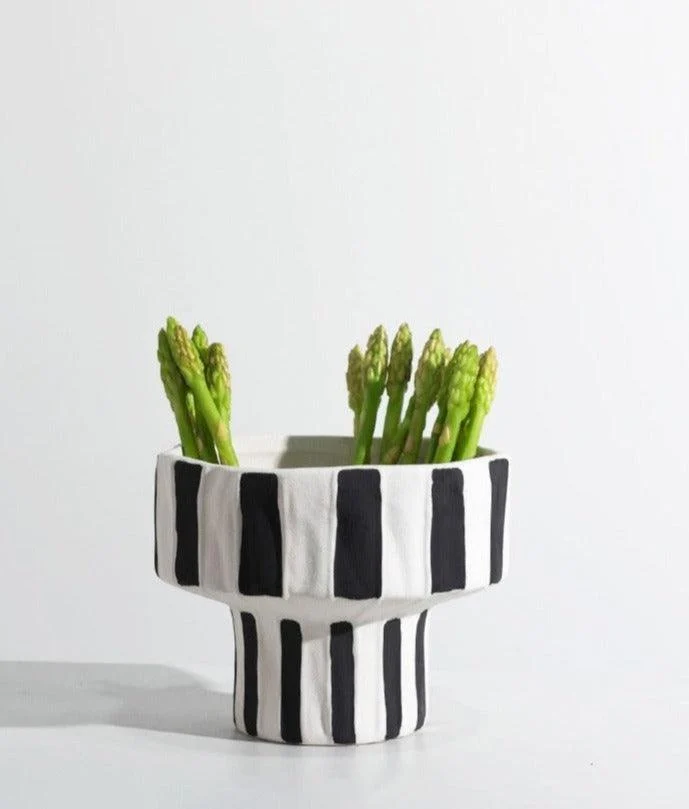 Ceramic Table Top Vase Paola Black and White Striped Wide Mouth Flower Pot Bowl -  - #tag1#