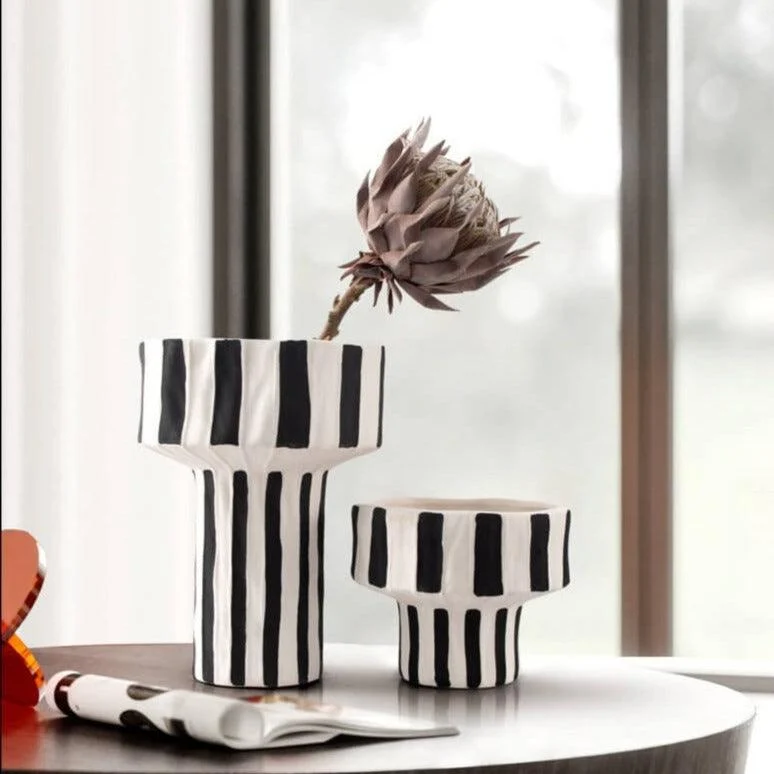 Ceramic Table Top Vase Paola Black and White Striped Wide Mouth Flower Pot Bowl -  - #tag1#