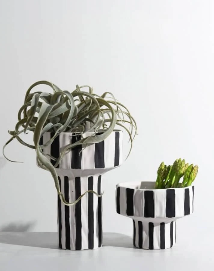 Ceramic Table Top Vase Paola Black and White Striped Wide Mouth Flower Pot Bowl -  - #tag1#