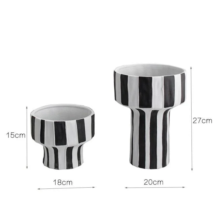 Ceramic Table Top Vase Paola Black and White Striped Wide Mouth Flower Pot Bowl -  - #tag1#