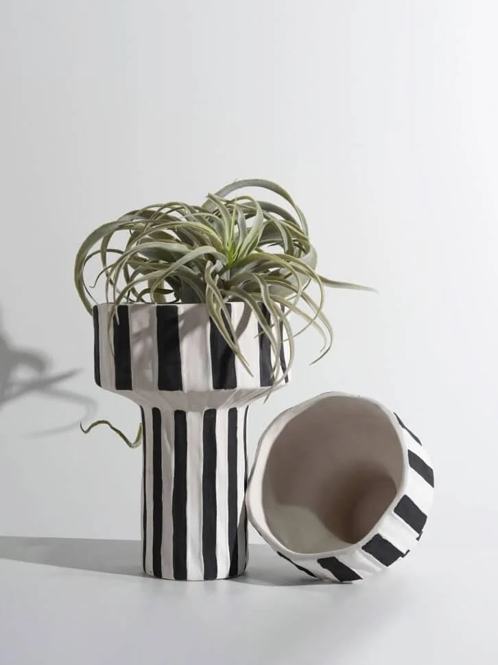 Ceramic Table Top Vase Paola Black and White Striped Wide Mouth Flower Pot Bowl -  - #tag1#