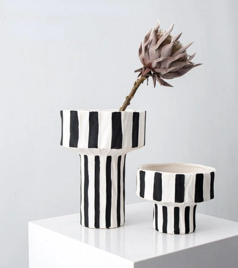 Ceramic Table Top Vase Paola Black and White Striped Wide Mouth Flower Pot Bowl -  - #tag1#