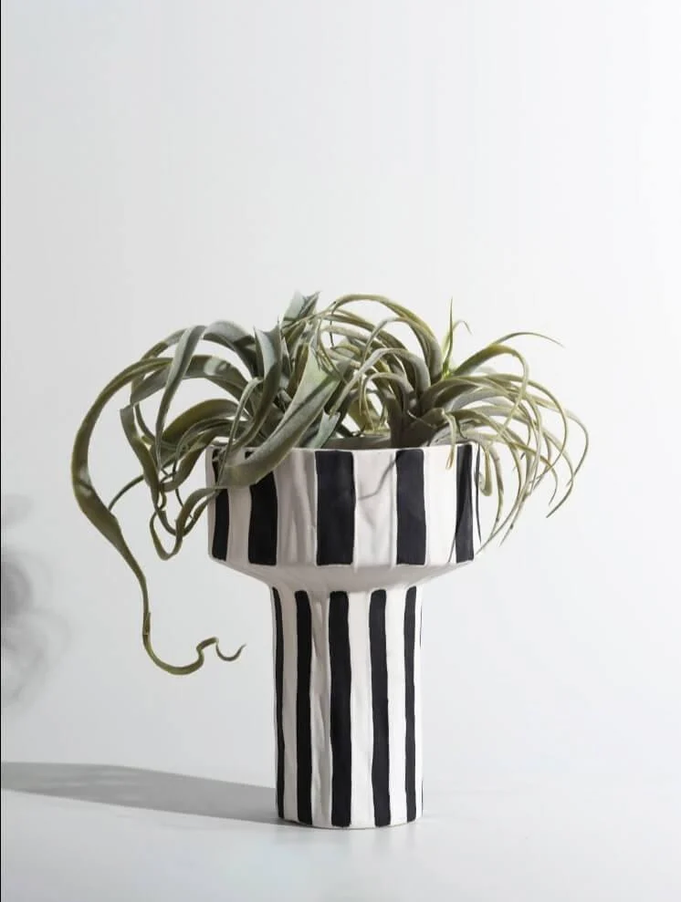 Ceramic Table Top Vase Paola Black and White Striped Wide Mouth Flower Pot Bowl -  - #tag1#