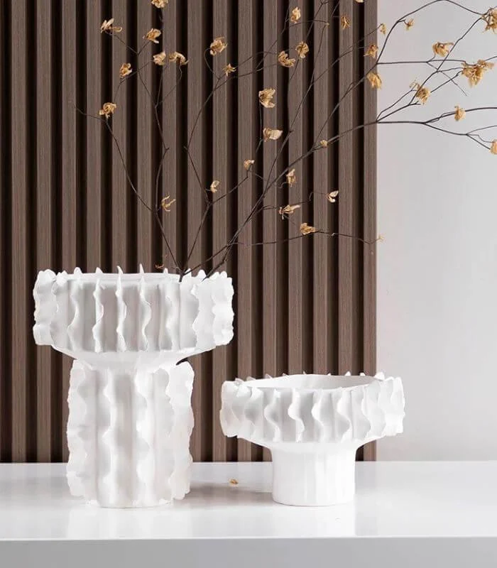 Ceramic Vase White Sculptural Ruffled Design -  - #tag1#