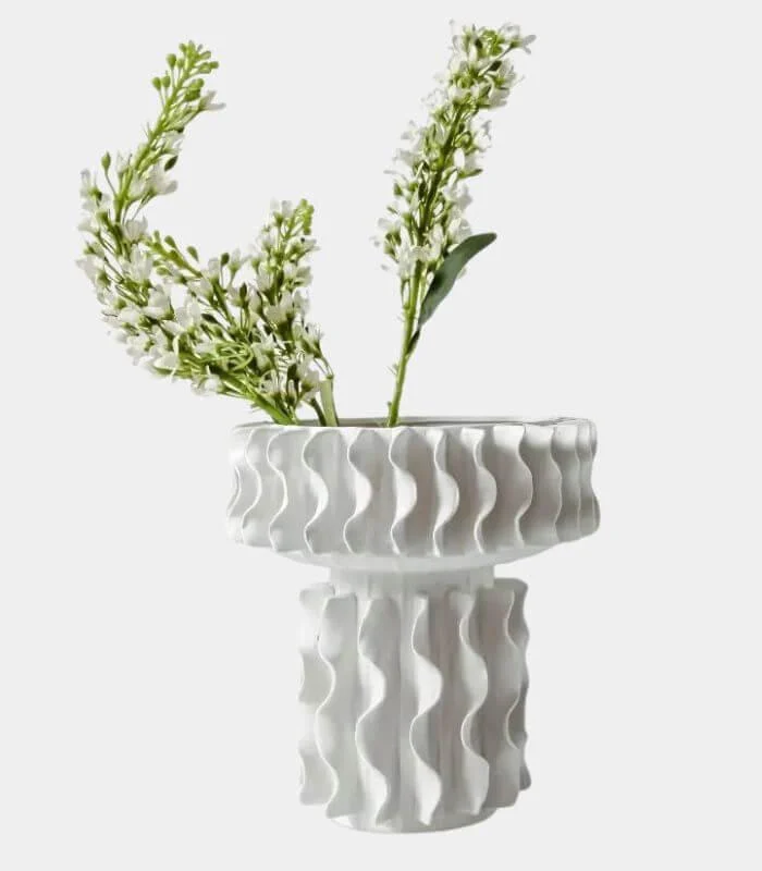 Ceramic Vase White Sculptural Ruffled Design -  - #tag1#