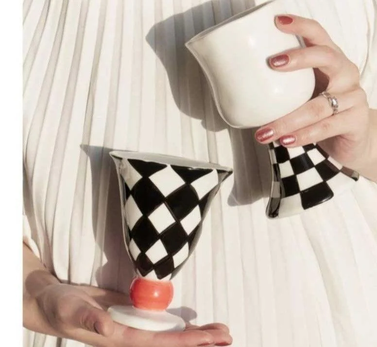 Checkered Ceramic Wine Goblet Cup -