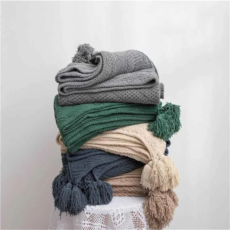 Chenille Stripe Plaid Blanket Soft with Tassels Throw 1kg -  - #tag1#