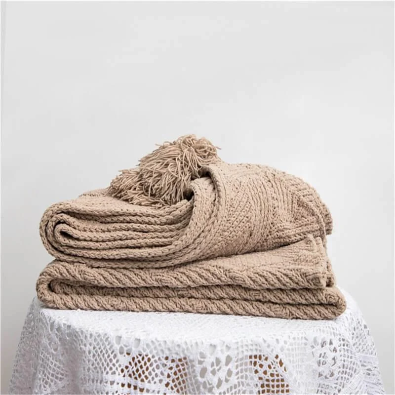 Chenille Stripe Plaid Blanket Soft with Tassels Throw 1kg -  - #tag1#