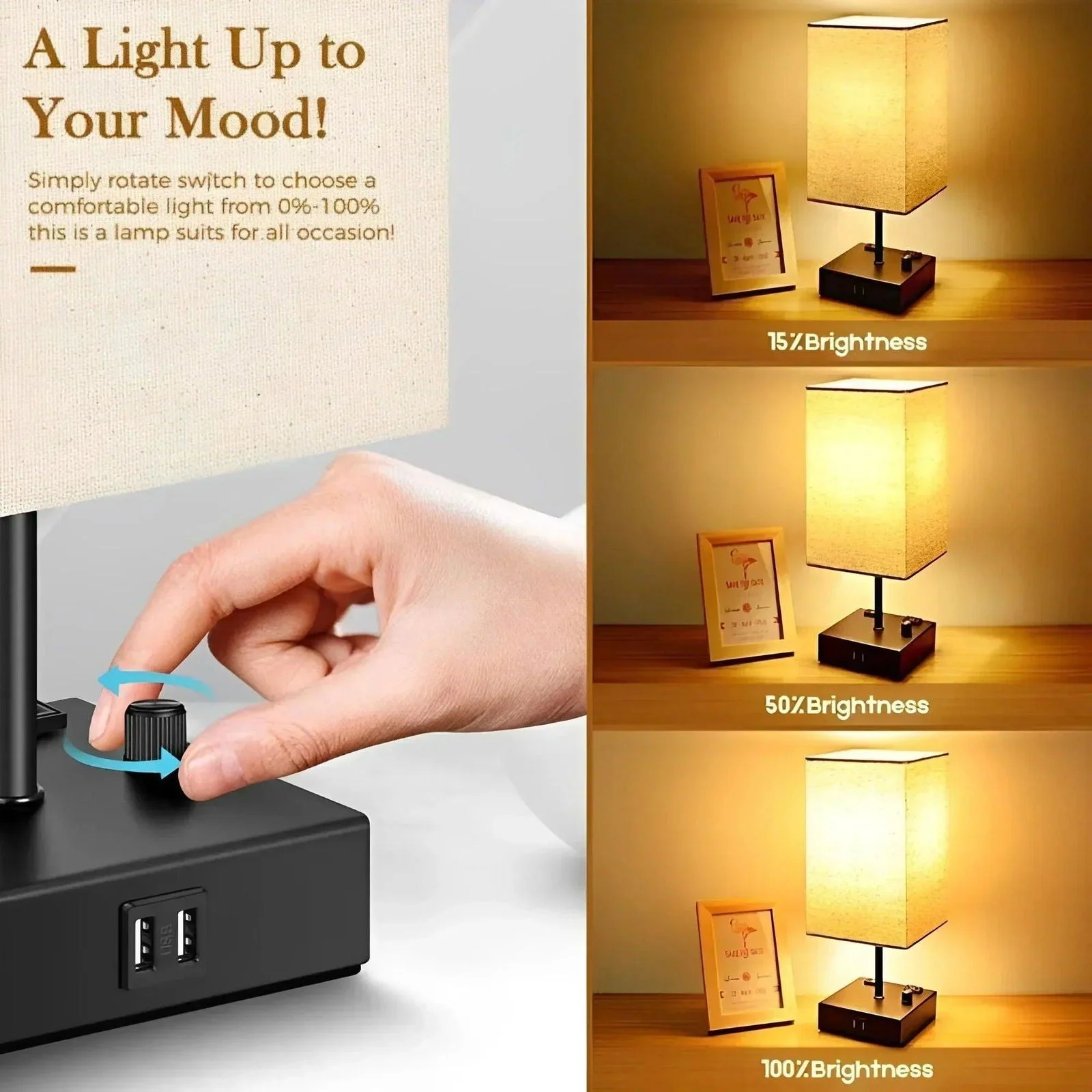 Chic Bedside Lamp: USB Ports, AC Outlet, 3 Lighting Modes -