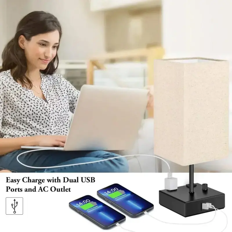 Chic Bedside Lamp USB Ports AC Outlet 3 Lighting Modes