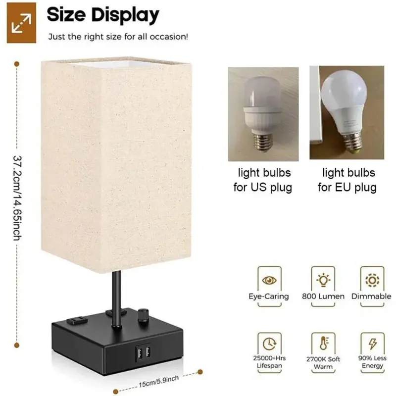 Chic Bedside Lamp USB Ports AC Outlet 3 Lighting Modes