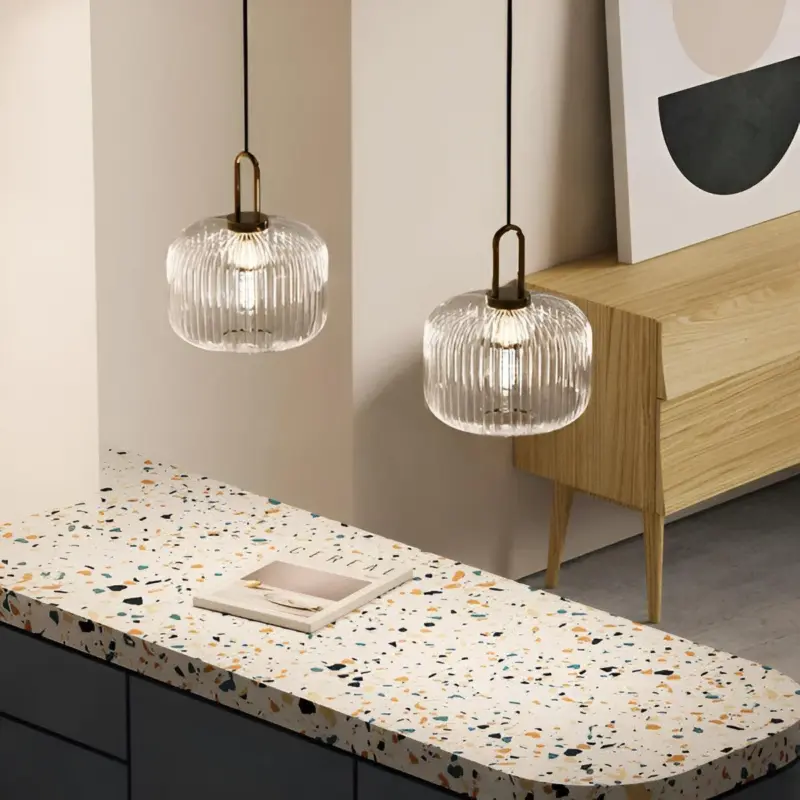 ClaChic Hanging Lamp White Gold Nordic Ribbed Glass Pendant Light tag1