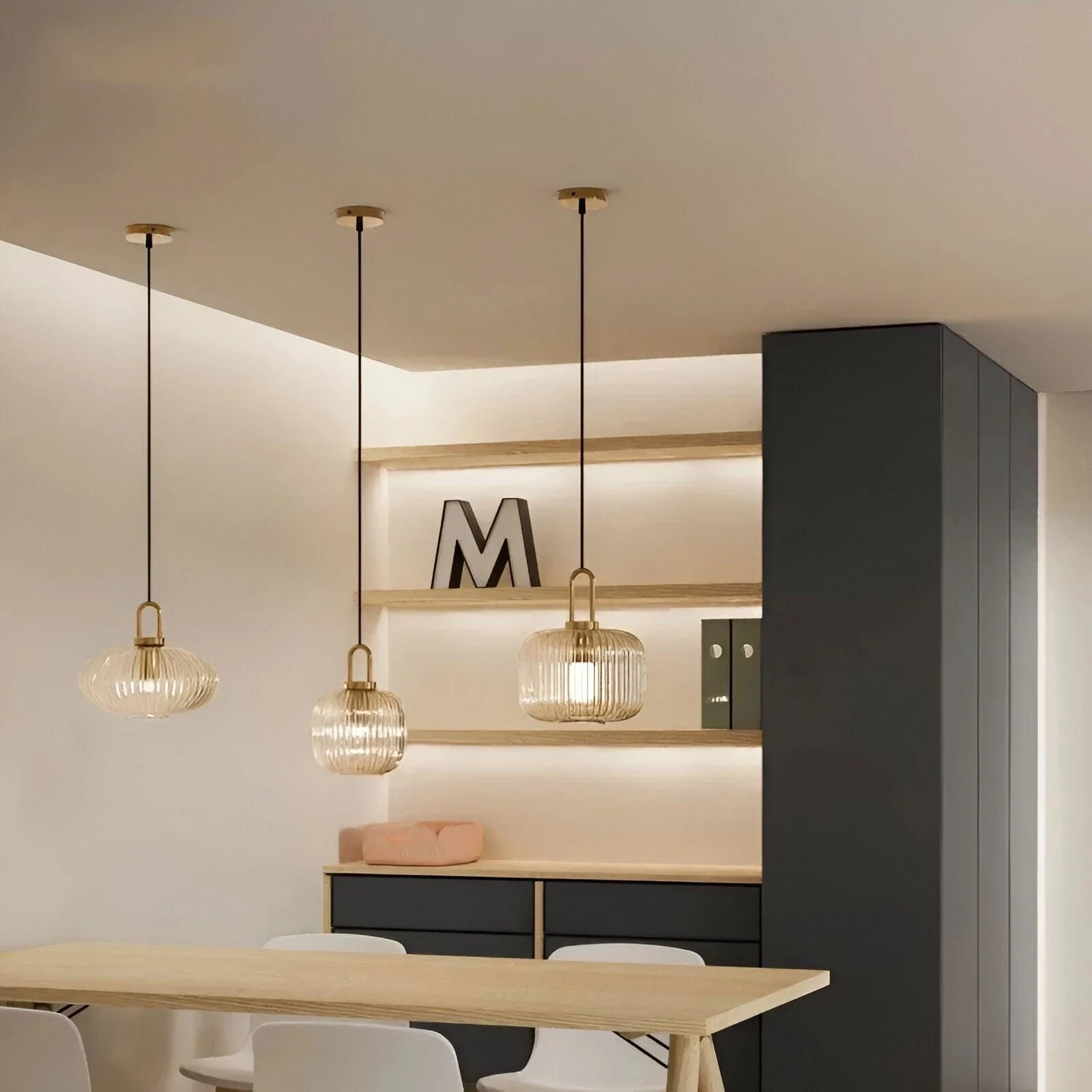 ClaChic Hanging Lamp - White & Gold Nordic Ribbed Glass Pendant Light -  - #tag1#