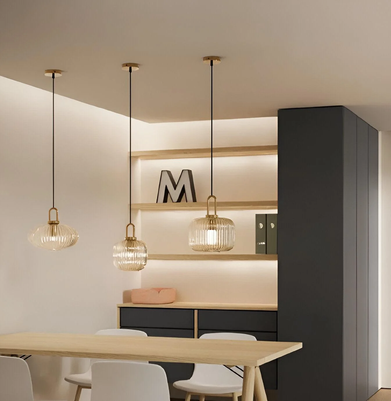 ClaChic Hanging Lamp - White & Gold Nordic Ribbed Glass Pendant Light -  - #tag1#